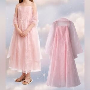🌸 Girls 12 Pink Beaded Formal Dress w/ Matching Sheer Shawl